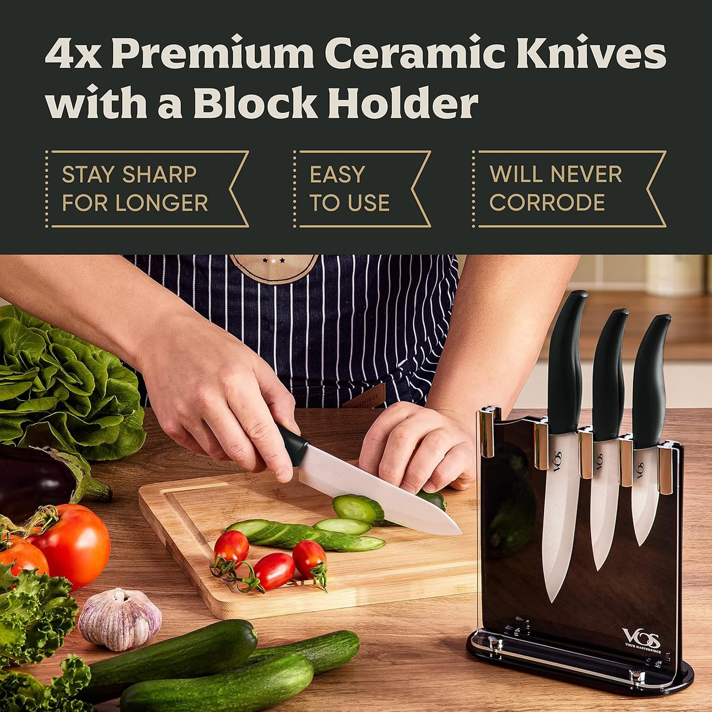 Vos Ceramic Knife Set with Block, Ceramic Knives Set For Kitchen, Ultra Sharp Kitchen Knife Set with Covers, 3" 4" 5" 6" Chef Knife, Utility, Paring & Versatile, Lightweight, Dishwasher safe (Black)
