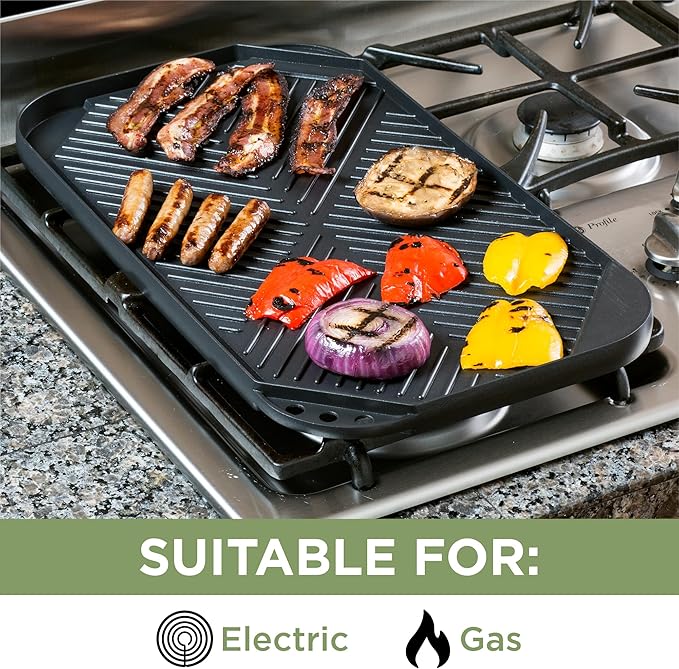 Ecolution Reversible Grill/Griddle Pan, Non-Stick, Dishwasher Safe, Double Burner Family Griddle Grill Pan Cookware, Cast Aluminum, 19.5-Inch x 11-Inch