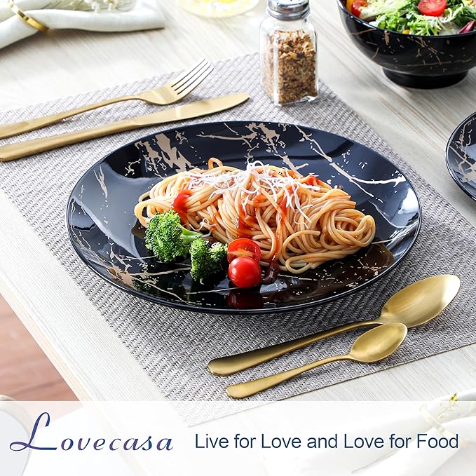 LOVECASA Plates and Bowls Sets for 4, 12 Pieces Porcelain Dinnerware Sets, Black and Gold Dish Set Gold Splash Dishware Sets, Dishwasher Microwave Safe