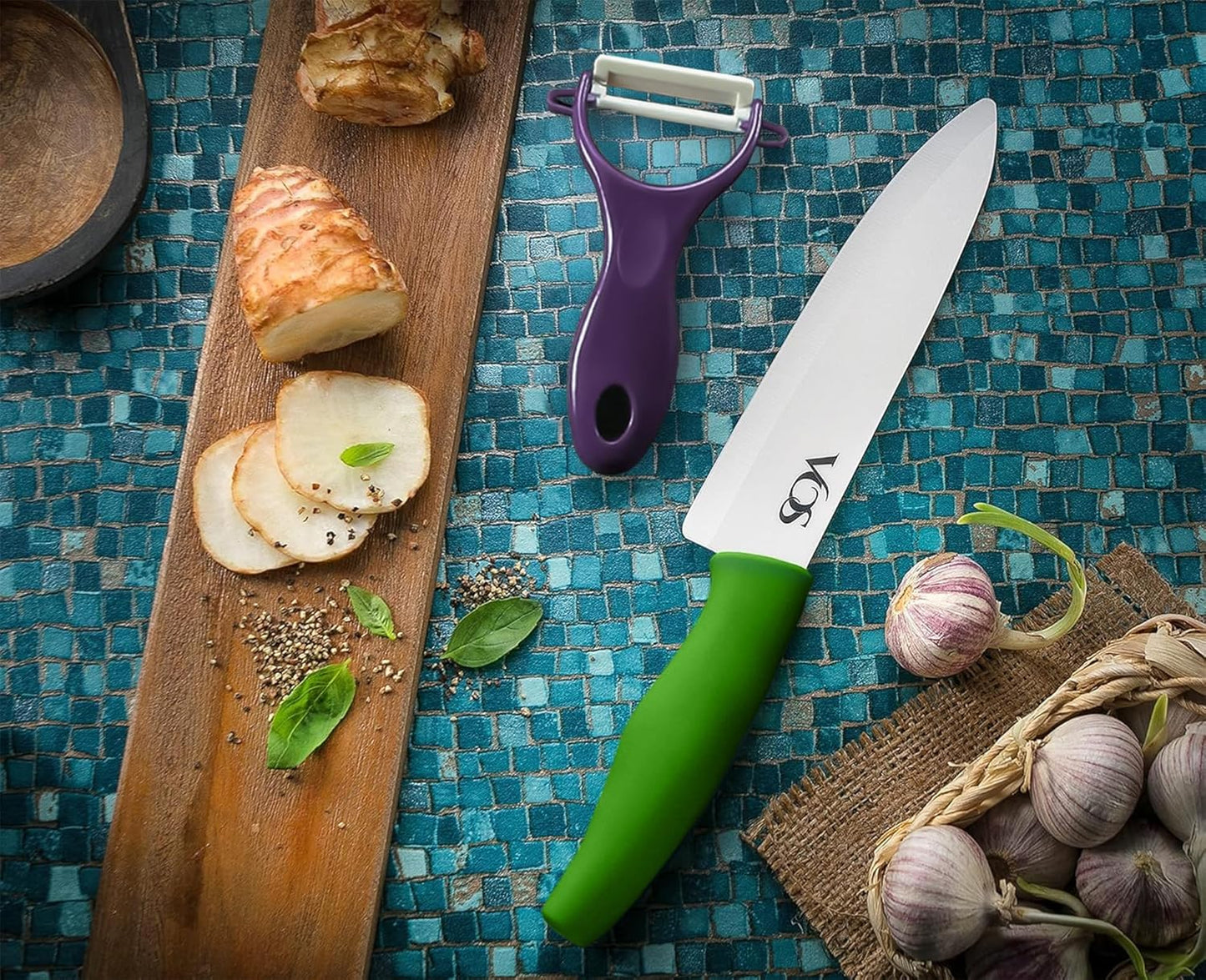 Vos Ceramic Knife with Peeler, Ceramic Knives Set For Kitchen, Ultra Sharp Kitchen Knife Set with Covers, 4"5"6"7"8" Paring, Chef Knife, Santoku & 2 more, Lightweight, Dishwasher safe (Multi-Color)