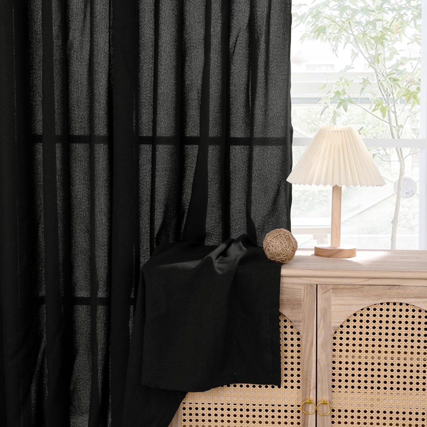 YoungsTex Short Linen Curtains 45 Inches Length, Light Filtering Burlap Textured Small Window Drapes with Bronze Grommet Privacy for Kitchen Bedroom Living Room, Black, 42 x 45 Inch, 2 Panels