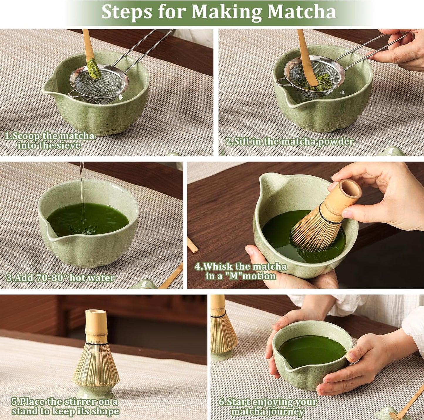 Matcha Whisk Set, 7-Pack Mottled Green Matcha Set - Include Petal Matcha Bowl with Spout, Bamboo Whisk, Chasen Holder, Sifter, Scoop, Tea Towel, Scoop Rest - Perfect Matcha Making Kit for Tea Lover