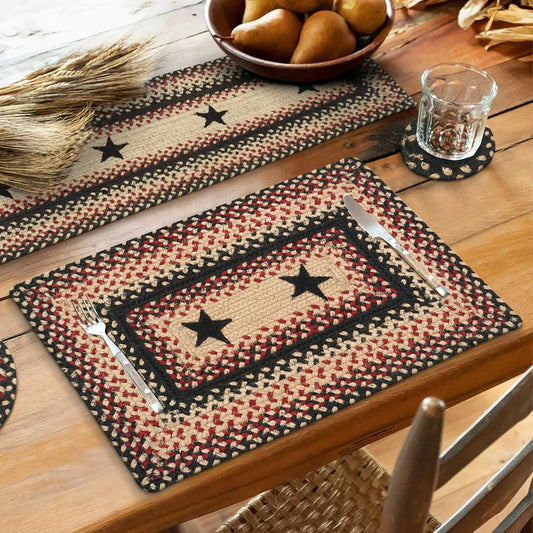 Homespice Primitive Star Gloucester Jute Woven Placemats, Warm Primitive Decor, Set of 4, Black and Red 13x19 Rectangle Table Mats - Vibrant Colors, Durable, Easy to Clean and Protects Furniture