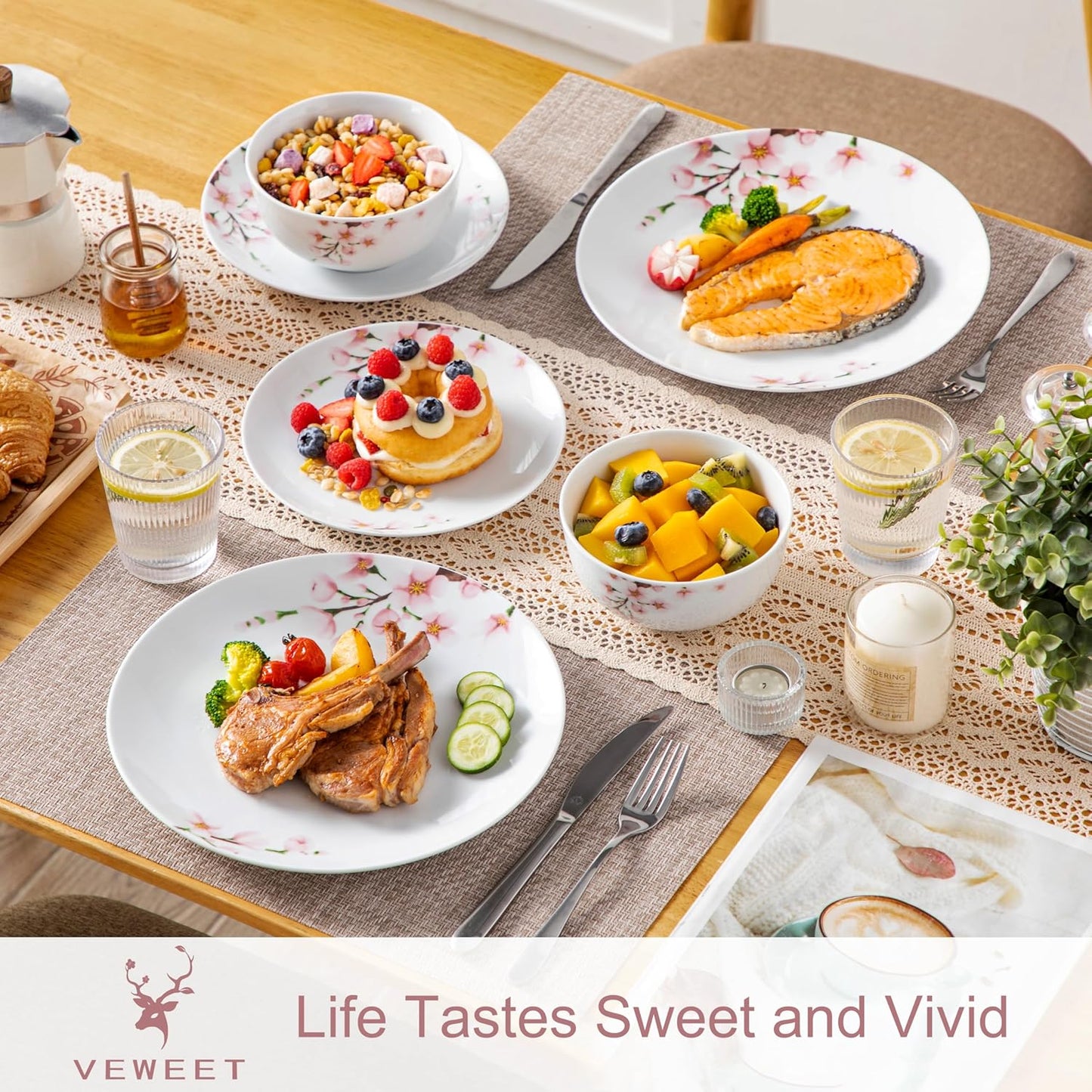 VEWEET Porcelain Dinnerware Sets for 4, 12 Pieces Plates and Bowls Set with Pink Floral, Kitchen Dishes Set Dining Ware for Family, Microwave and Dishwasher Safe, Series ANNIE