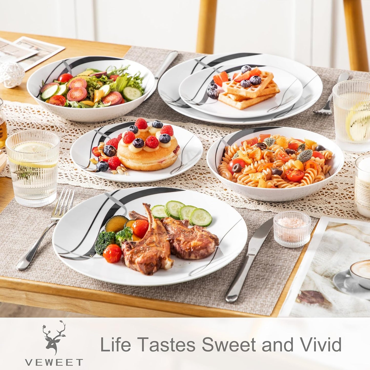 VEWEET Porcelain Dinnerware Sets for 6, 18 Pieces Plates and Bowls Set with Black and Grey Ribbon Lines, Dishes Set Dining Ware for Dinner, Microwave and Dishwasher Safe, Series FIONA