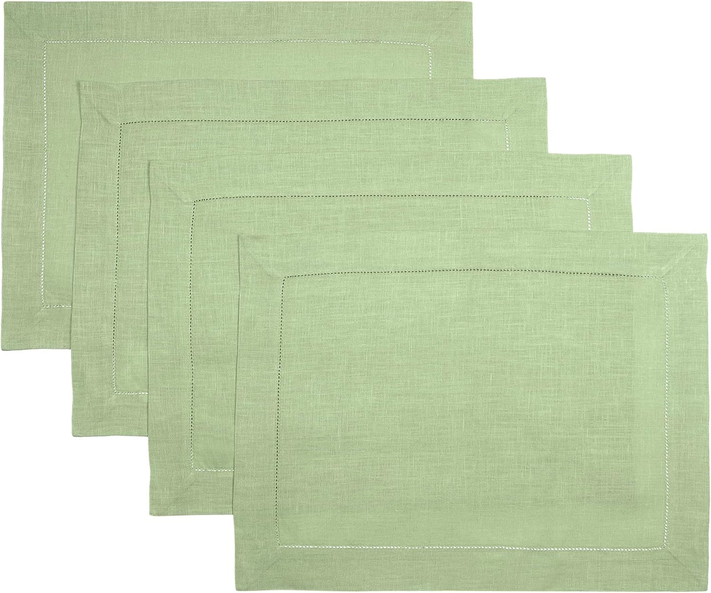 D'Moksha Homes Sage Green Linen Cloth Placemats Set of 4-100% Pure Linen Hemstitch Placemats 14 x 19 Inch - Classic Hemstitch Table Place Mats for Fall, Halloween - Handcrafted and Machine Washable