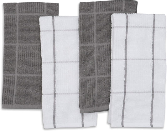AMOUR INFINI Kitchen Towels Pack of 4 Absorbent, Quick Drying Premium Terry Cotton Dish Towel with Hanging Loop 16x28 Inch Hand & Tea Towels (L.Grey)