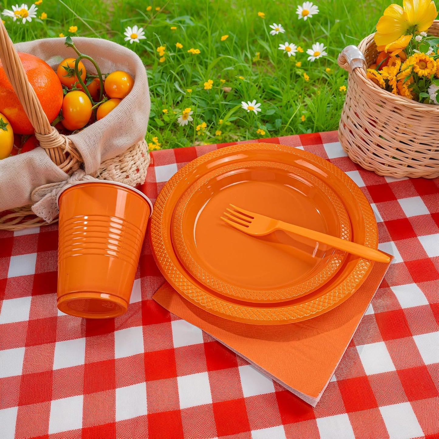 MirthMood 350PCS Orange Plastic Plates,Orange Disposable Plates Set– Plastic Plates Set Includes 50 Dinner,50 Dessert Plate,50 Cup&50 Napkins, 50 orange Silverware for Wedding & Birthday Parties