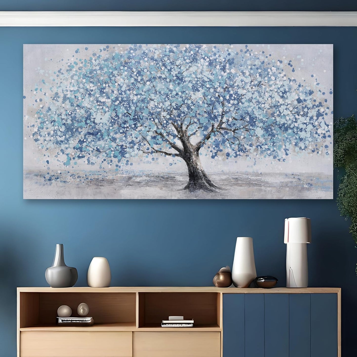 Tree of Life Wall Art Blue Tree Picture Wall Decor Artwork Framed Abstract Canvas Painting Nature Decor for Living Room Bedroom Bathroom Office Home Decor 20"x40"Can Be Hung Directly
