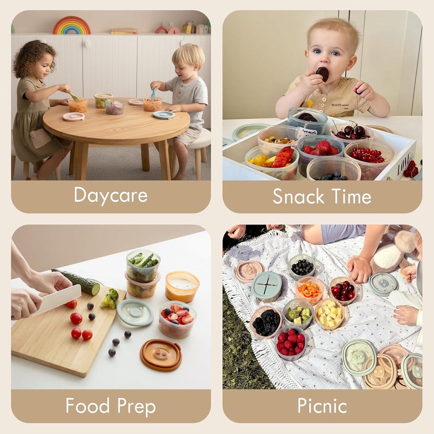 Moonkie Silicone Snack Containers for Kids and Toddlers | 8 oz Baby Food Containers with Airtight Lids and A Snack Lid | Baby Food Jars | BPA Free | Freezer & Dishwasher Safe | 6 Pack