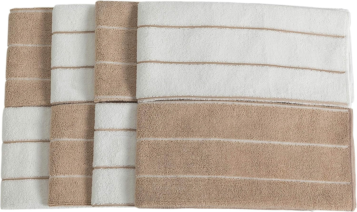 Microfiber Kitchen Towels - Super Absorbent, Soft and Solid Color Dish Towels, 8 Pack (Stripe Designed Brown and White Colors), 26 x 18 Inch