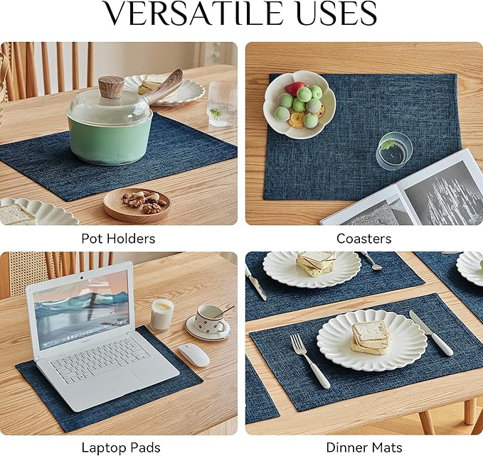 Softalker Faux Linen Placemats Set of 8-12 x 18 Inch, Heat Resistant Double Layered Durable Burlap Farmhouse Place Mats, Non-Slip Washable Rustic Table Mats for Dining, Kitchen, Party（Navy Blue