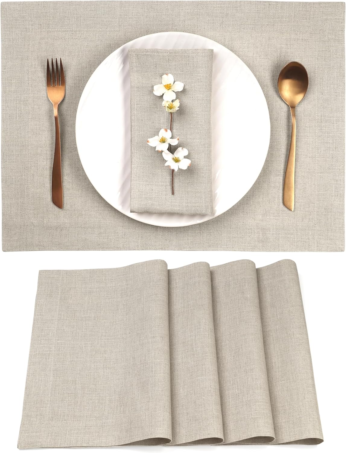 D'Moksha Homes Linen Natural Placemats Set of 4-100% Pure Linen Placemats 14 x 19 Inch for Fall, Autumn and Halloween - Handcrafted and Machine Washable