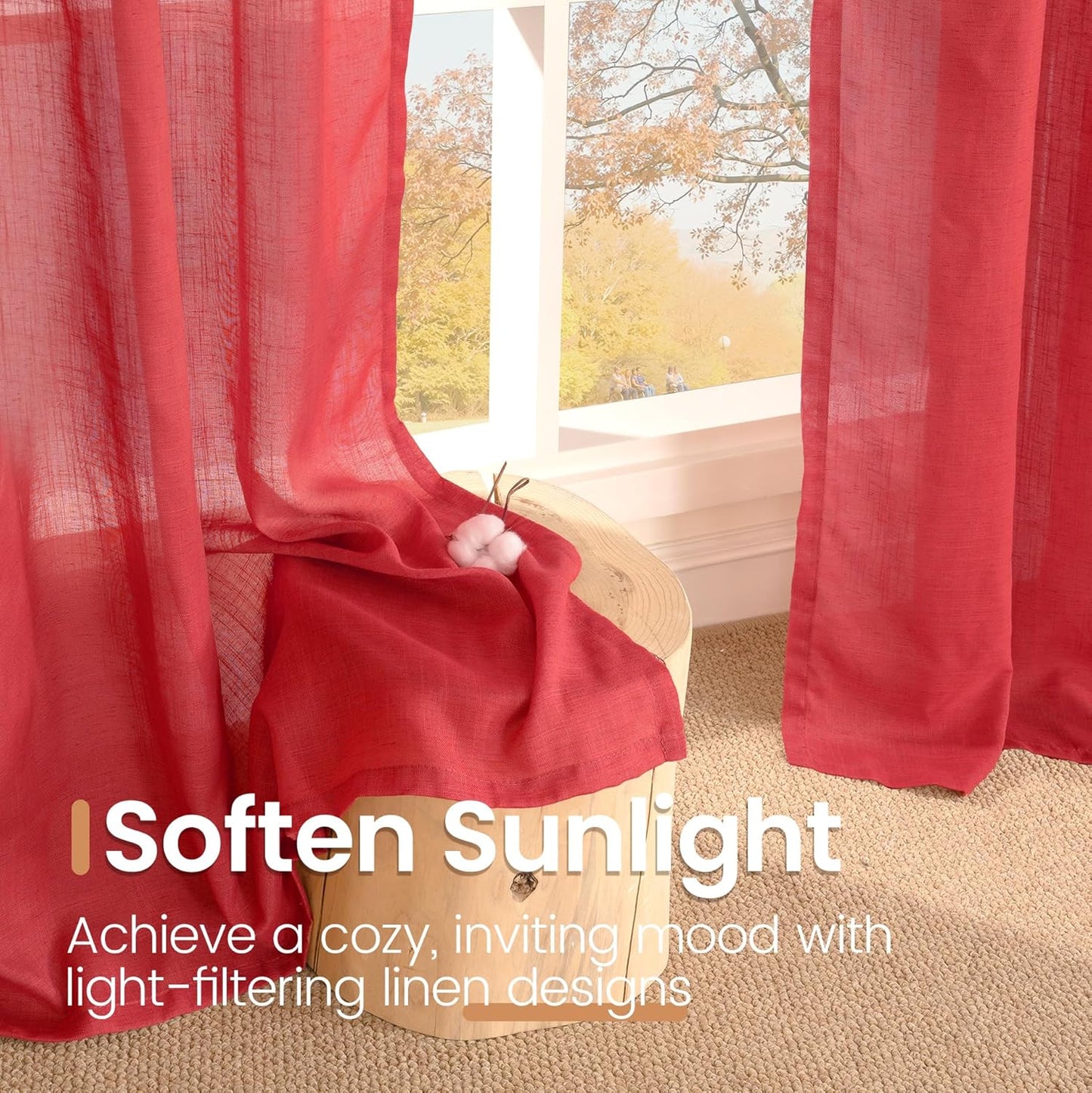 BGment Red Linen Semi Sheer Curtains for Living Room - Light Filtering Drapes with Rod Pocket for Dining Bedroom Lightweight Christmas Decor, 2 Panels Set, 52 X 80 Inch