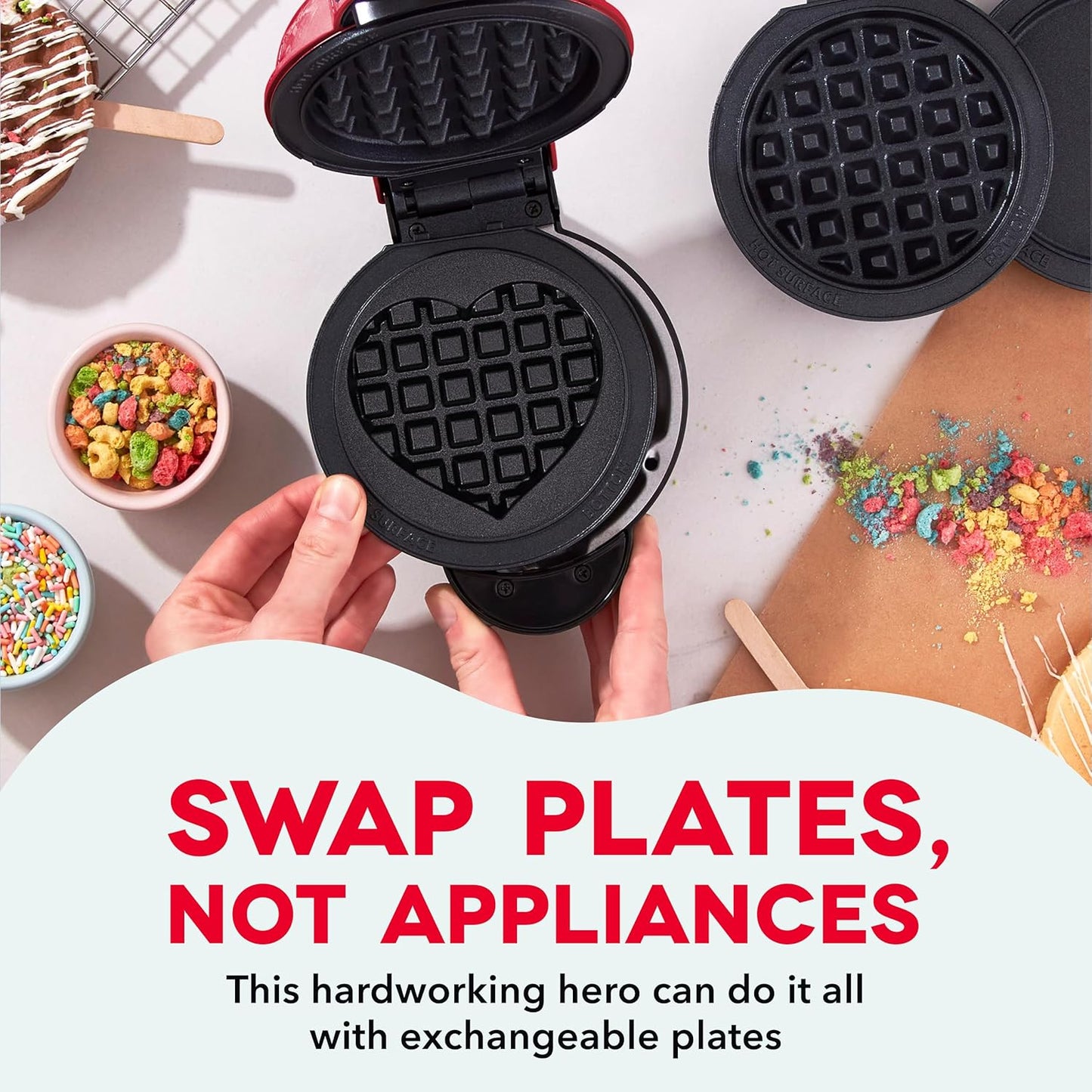 DASH Multimaker Mini System - Waffle Maker with Five 4” Removable Plates: Waffle Iron & Griddle, 3-in-1 Mini Waffle Maker for Kids and Families – Nonstick Surface, Just Add Batter (Red)