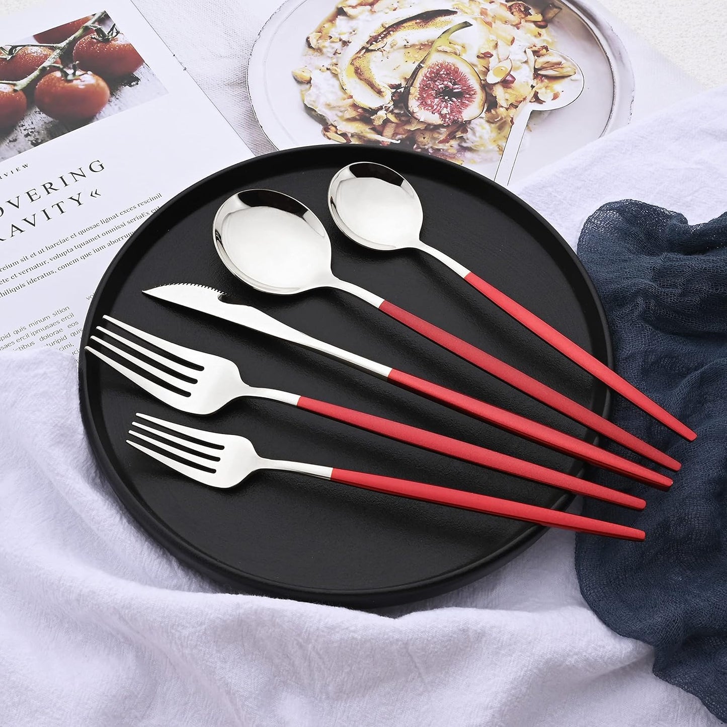 Silverware Set – 20 Piece Family Dinnerware Set – Flatware Set Service For 4 – Red Silver Tableware Sets – Cutlery Great For Family Gatherings & Daily Use – Spoons, Knives, Forks