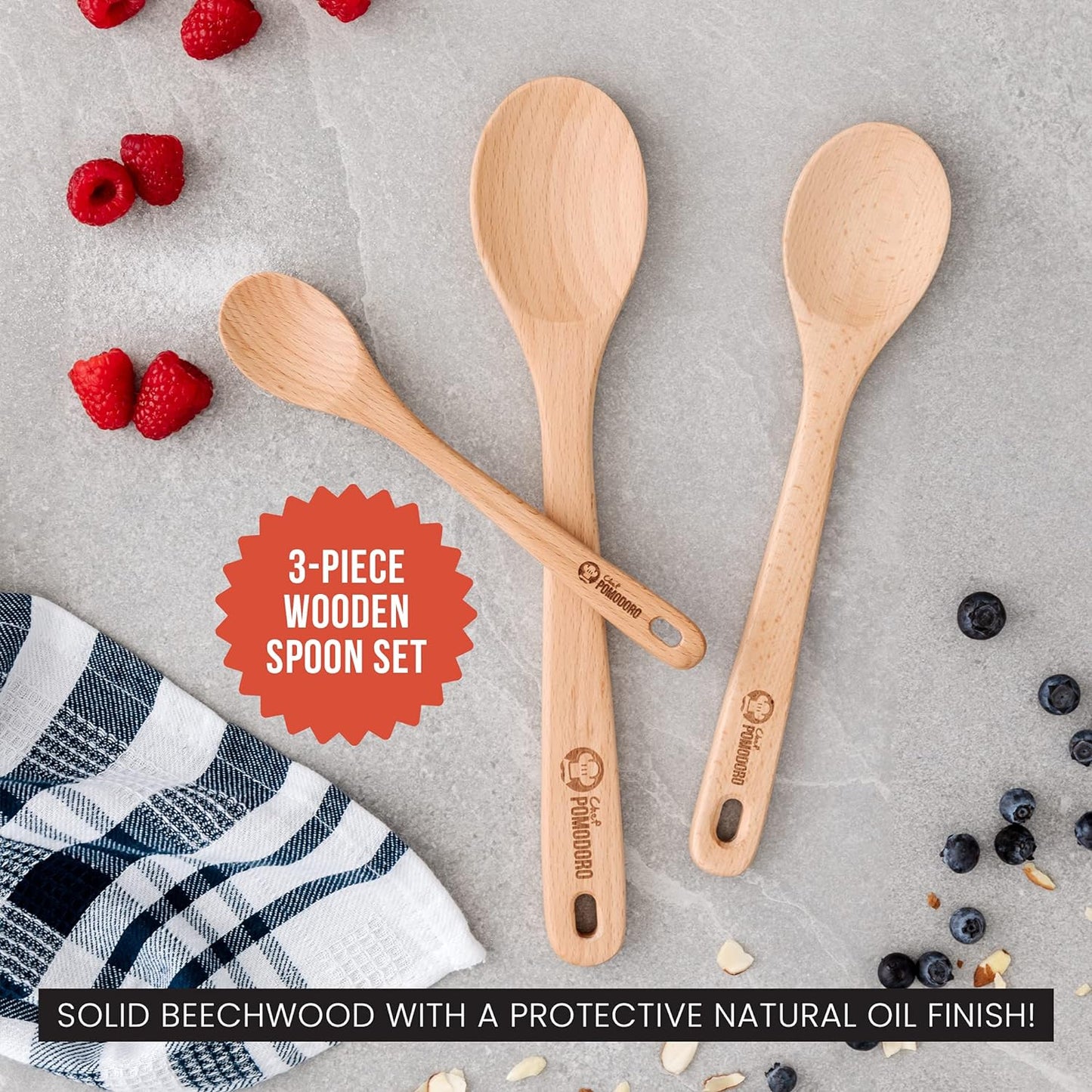 Chef Pomodoro Wooden Spoons for Cooking 3-Piece Set, Solid Beechwood Cooking Utensils | 12-Inch, 10.5-Inch, 8-Inch Wooden Utensils Set, Beechwood Kitchen Utensils, Soup Spoons for Nonstick Cookwares