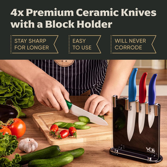 Vos Ceramic Knife Set with Block, Ceramic Knives Set For Kitchen, Ultra Sharp Kitchen Knife Set with Covers, 3" 4" 5" 6" Chef Knife, Utility, Paring & versatile, Light & Dishwasher safe (Multi-Color)