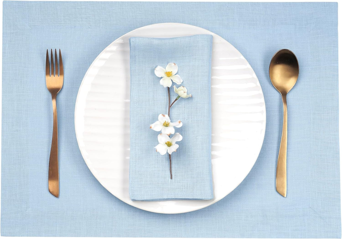 D'Moksha Homes Linen Placemats 14 x 19 Inch - Powder Blue Placemats Set of 4-100% Pure Linen Table Place Mats for Fall, Autumn and Halloween - Handcrafted and Machine Washable