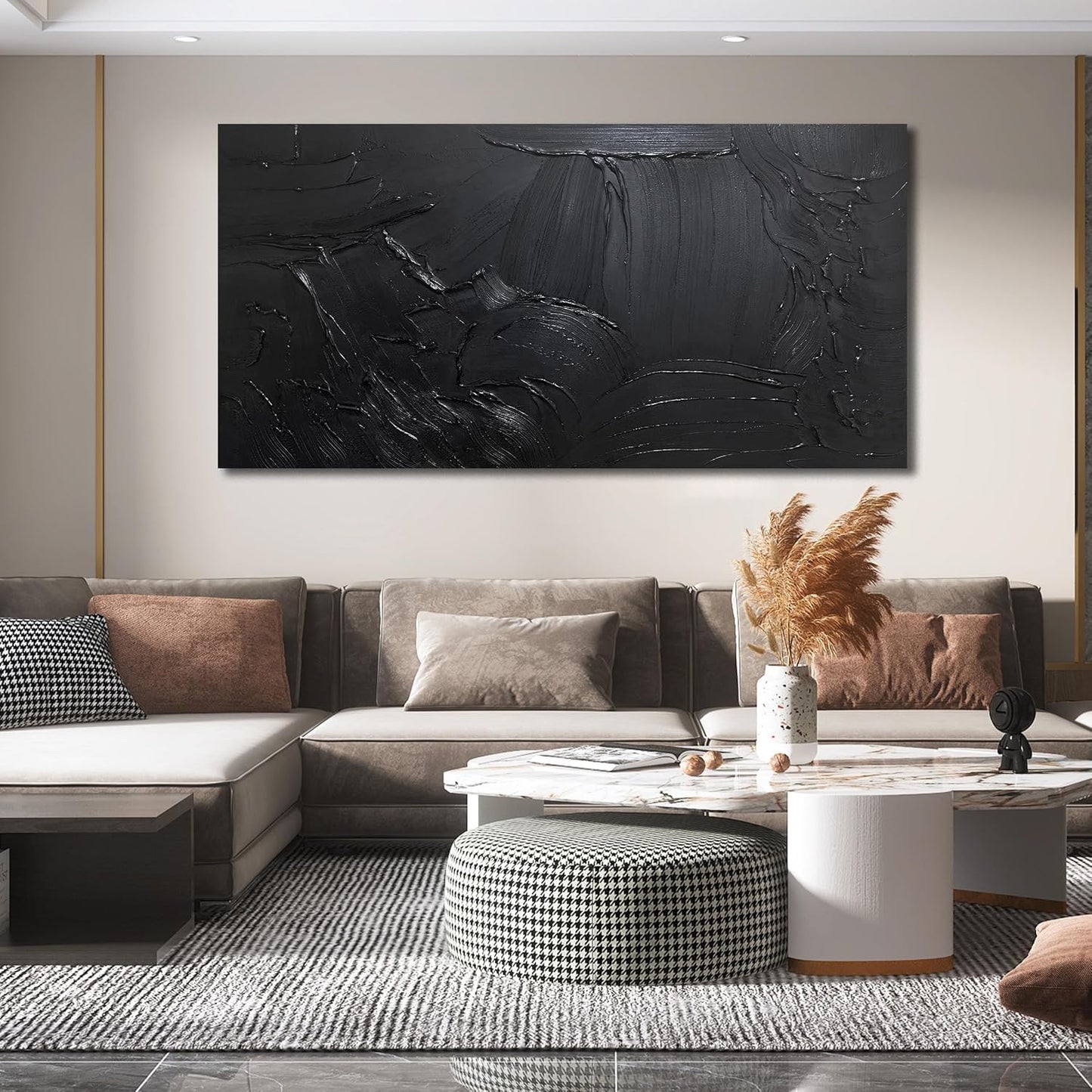 HUBOSKN Abstract Hand Painting Wall Art For Office - Black Huge Canvas Wall Decor For Living Room - Large Modern Wall Art For Bedroom Size 36 x 72 Inch