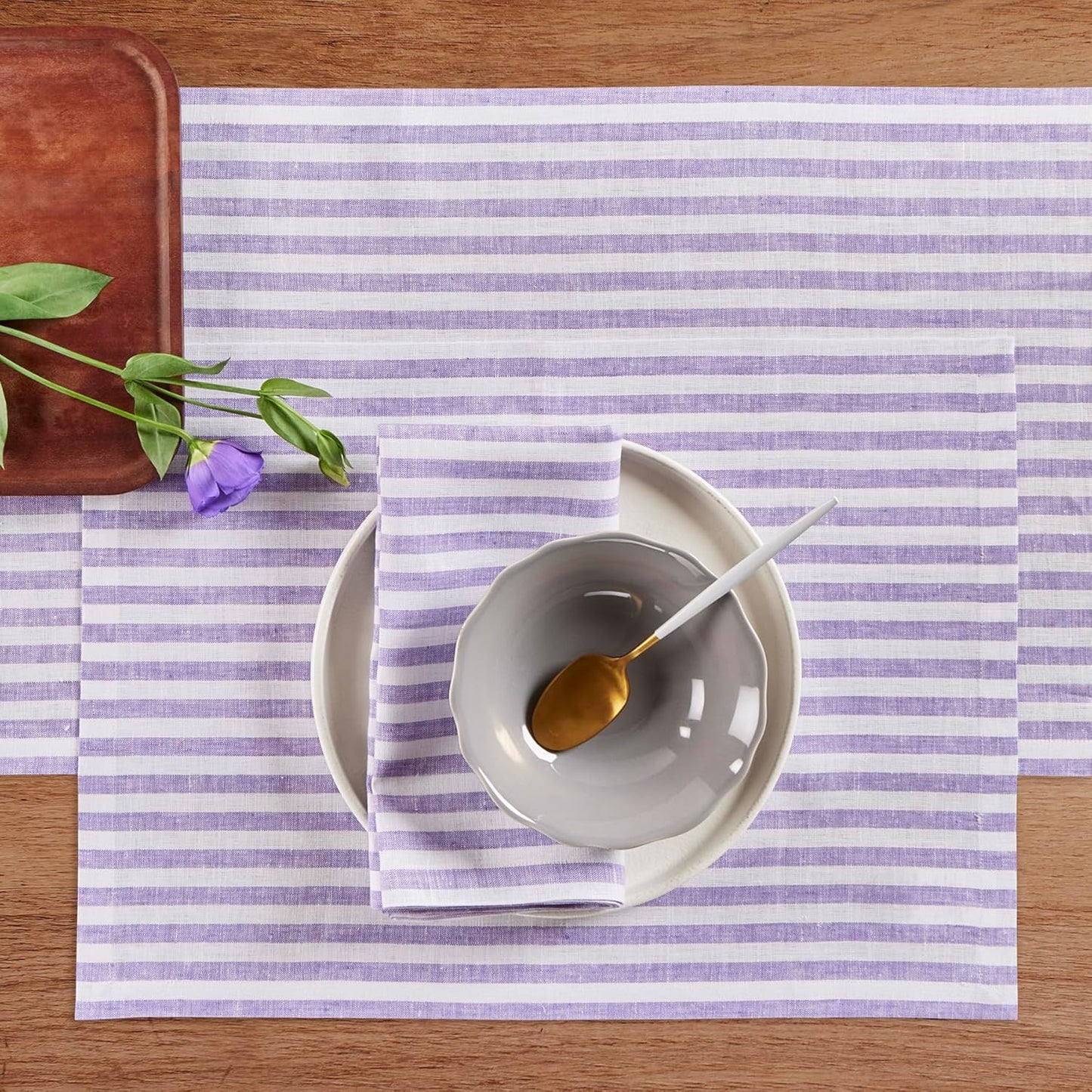Solino Home Striped Linen Table Runner 90 Inches Long - Amalfi Stripe 100% Pure Linen Violet and White Dining Table Runner 14 x 90 Inch