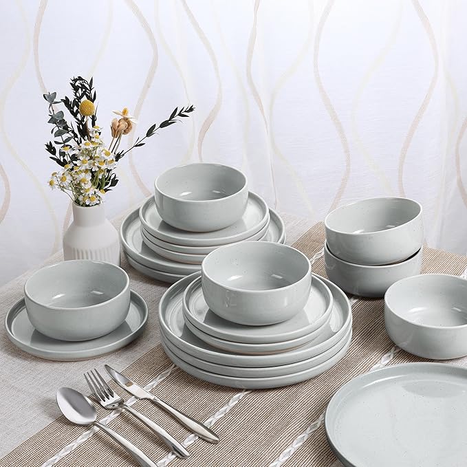 HaWare Stoneware Dinnerware Sets, 18-Piece Plates and Bowls Set for 6, Dishes Set for Home Restaurant, Speckled Misty Grey