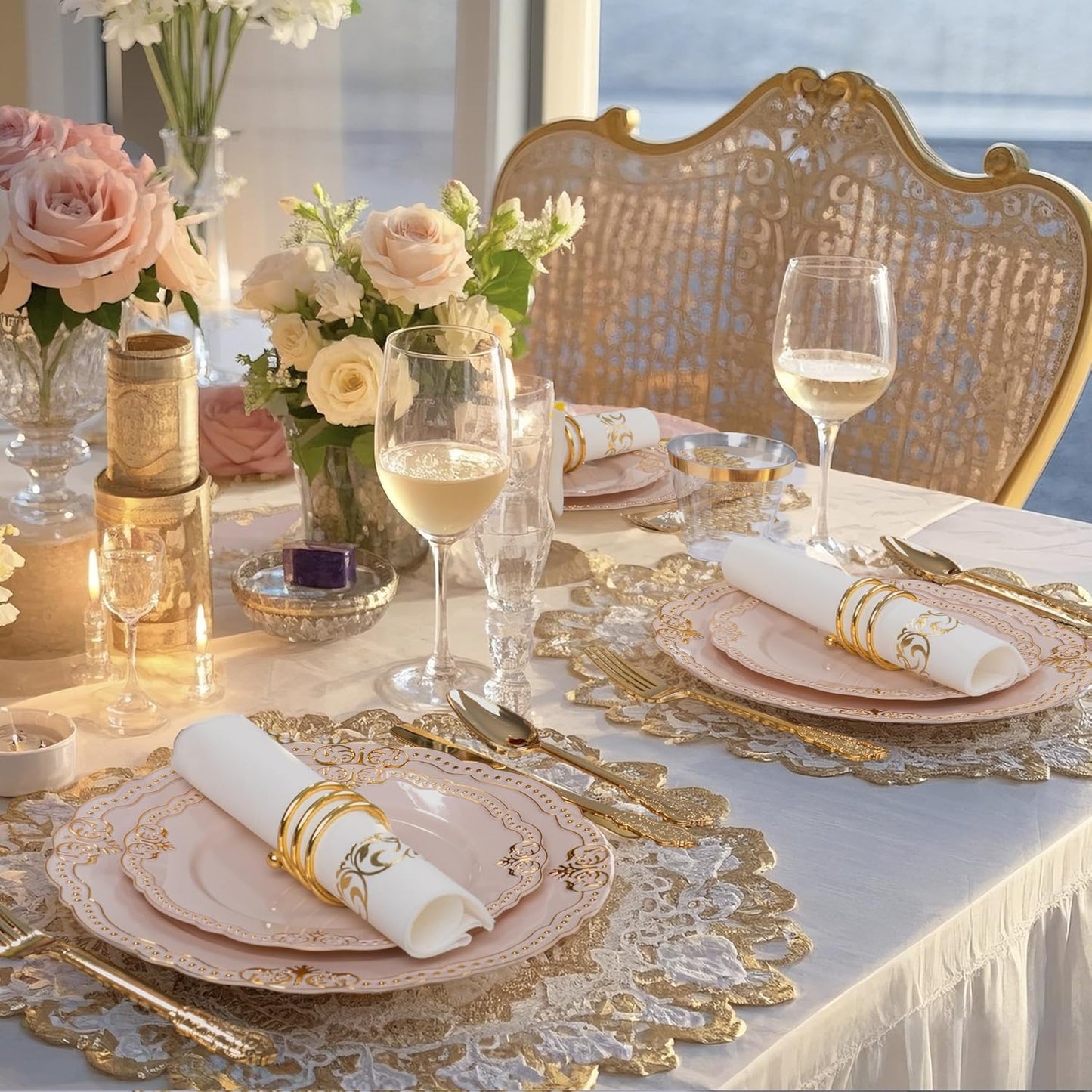 Ciaell 175 PCS Pink and Gold Plastic Plates - Fancy Gold Disposable Dinnerware Set with of 50 Plates, 25 Knives, 25 Forks, 25 Spoons, 25 Cups, 25 Napkins for Party & Weddings