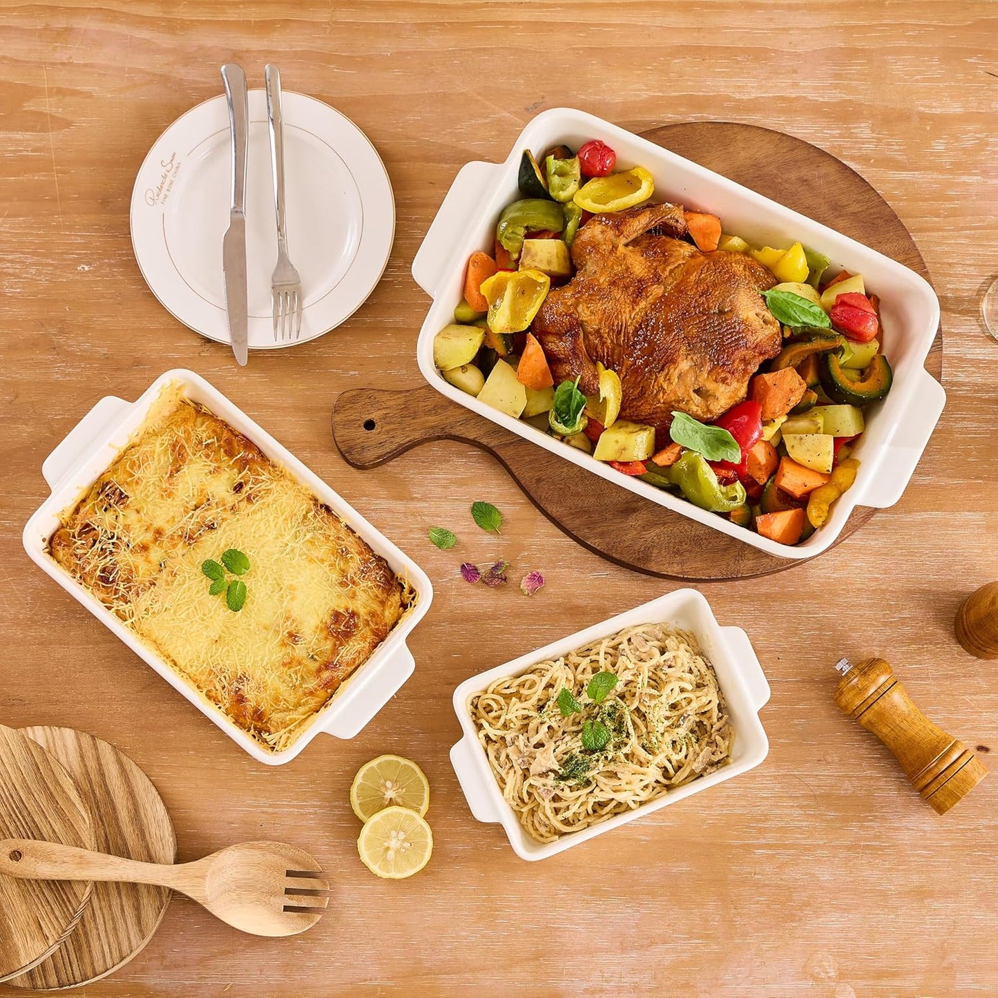 Ceramic Bakeware Set, 13"/10"/7.6" Rectangular Porcelain Baking Dishes for Kitchen, Lasagna Pans with Handle for Cooking, Baking Pan Deep Casserole Dishes for Baking, Set of 3 White