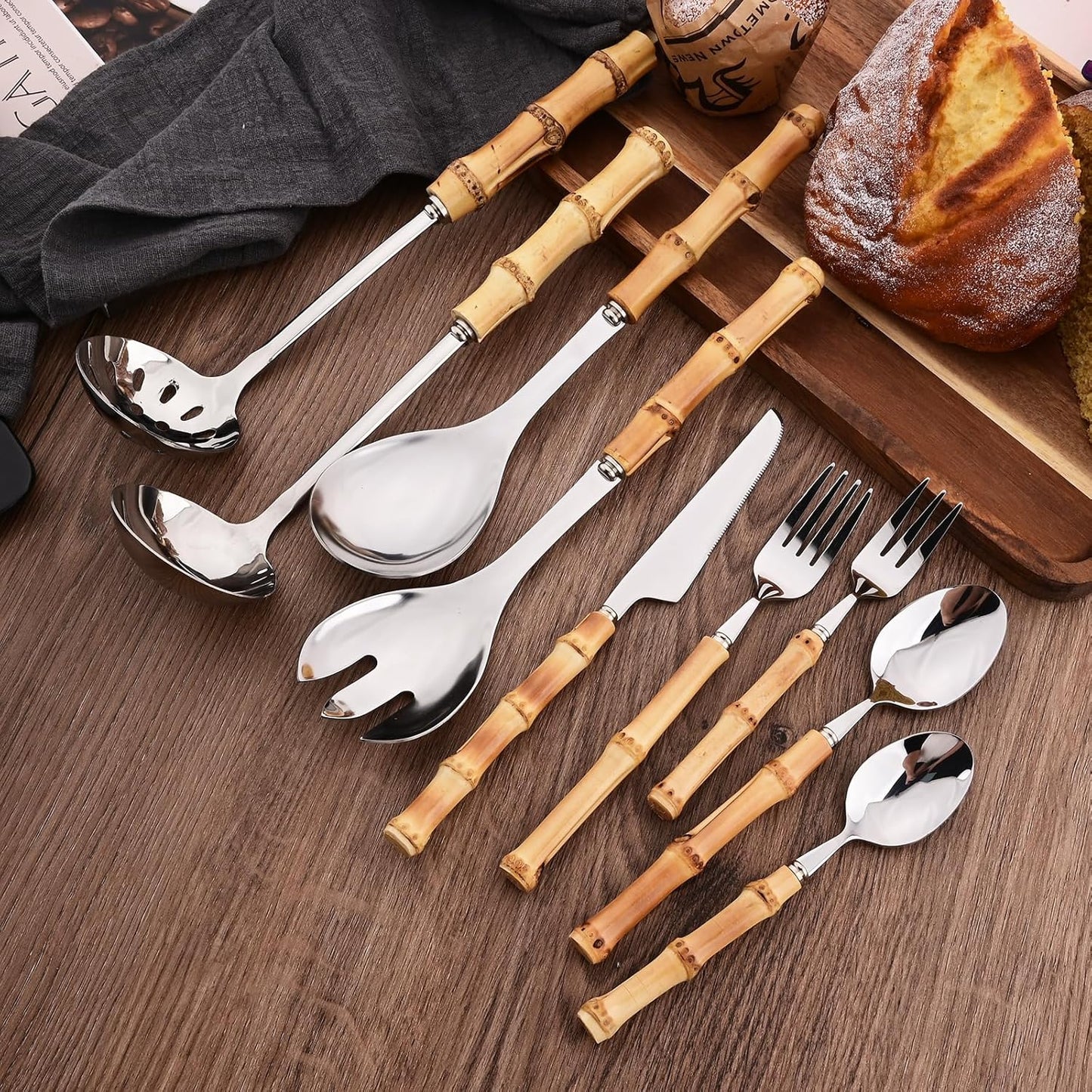 Soup Ladle and Slotted Spoon Set, 304 Stainless Steel Serving Utensils with Natural Bamboo Handle, Soup Spoons For Serving Gravy Hot Pot Or Restaurant, 10.2 Inch, 4 PCS / 2 of Each
