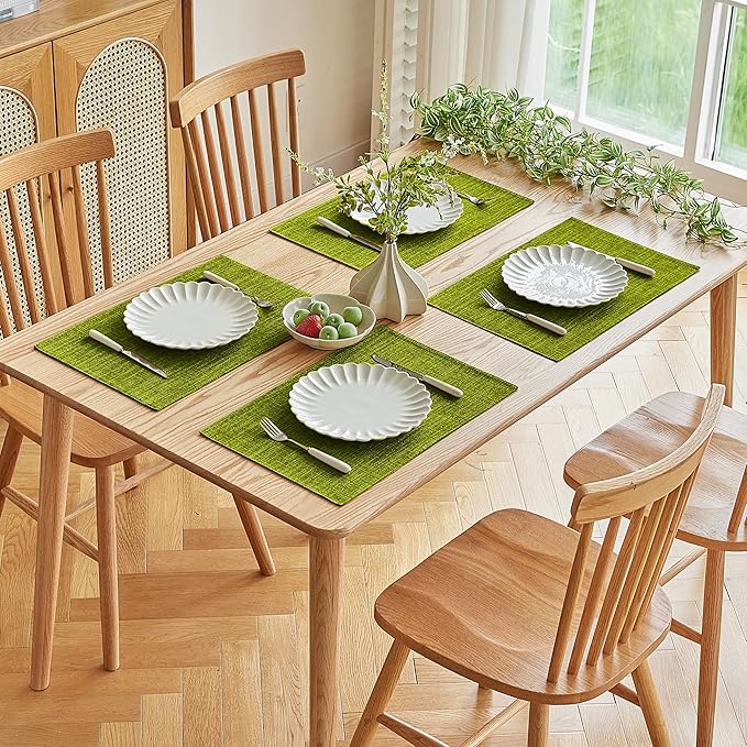 Softalker Faux Linen Placemats Set of 4-12 x 18 Inch, Heat Resistant Double Layered Durable Burlap Farmhouse Place Mats, Non-Slip Washable Rustic Table Mats for Dining, Kitchen, Party（Lime Green