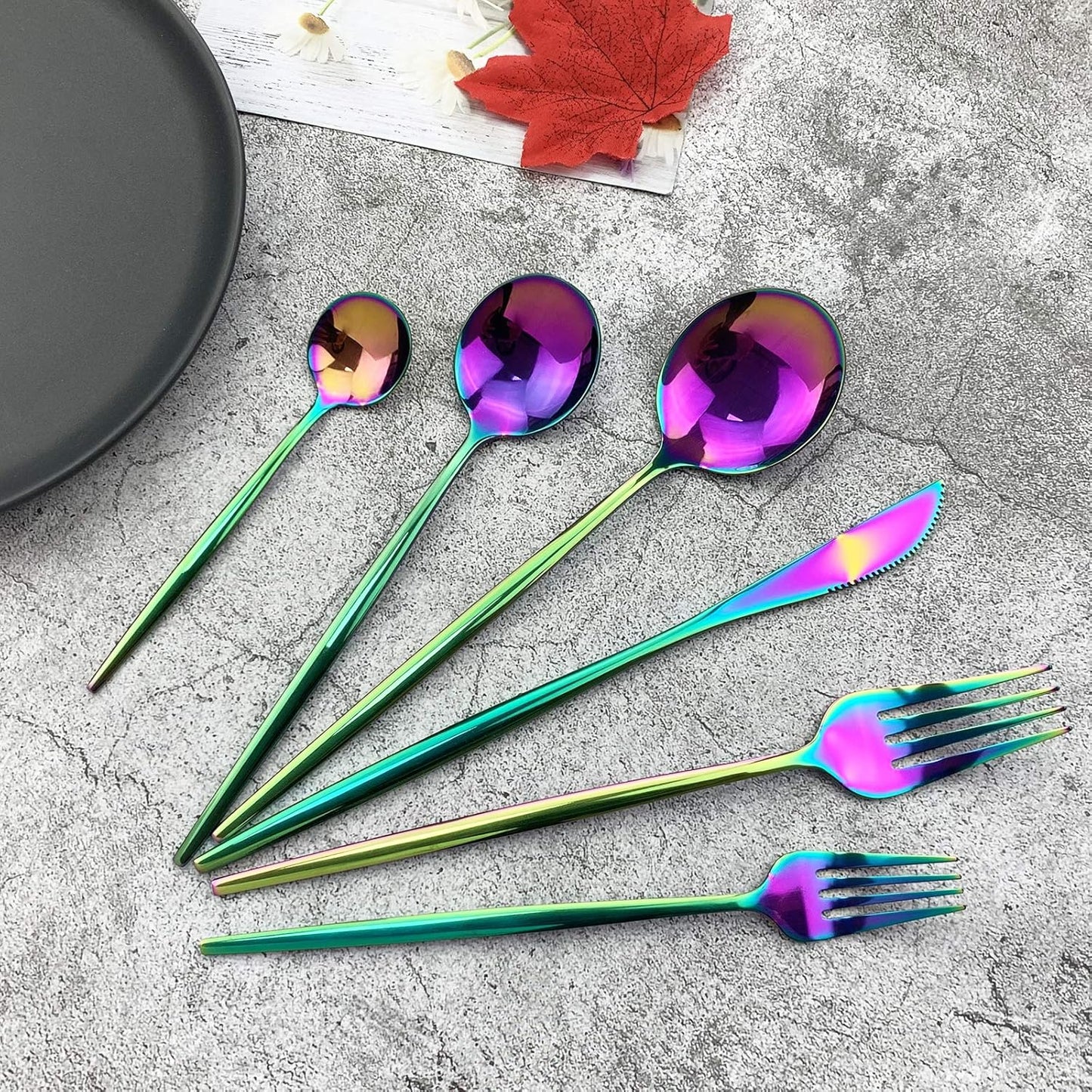 JASHII Silverware Set, Mirror Polished Rainbow Flatware Cutlery Set Service for 4, Shiny Finish 24 Pieces Stainless Steel Utensils Set Dinner Knife Fork Spoon Dessert Fork Salad Spoon Dishwasher Safe