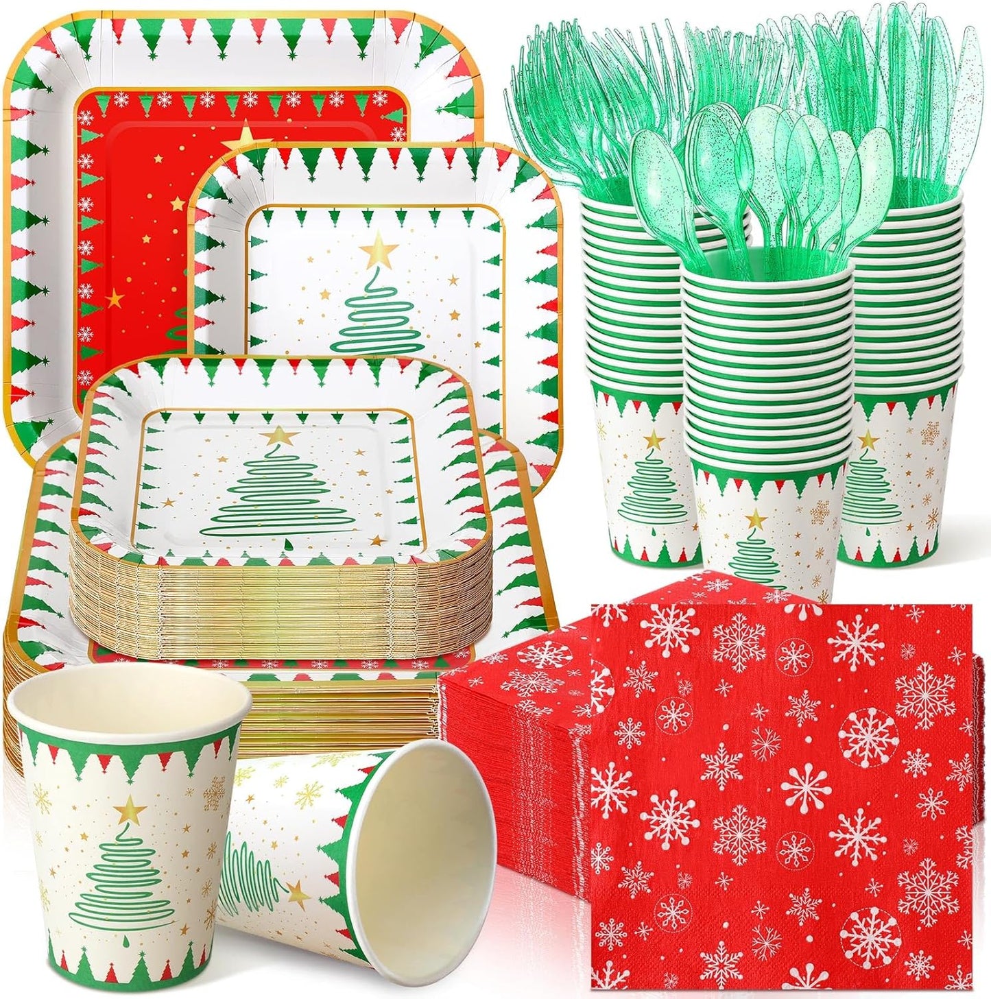 350 Pcs Paper Plates and Napkins Set Disposable Dinnerware Party Supplies Tableware Serve 50 Guest Cups Knife Forks Spoon(Red, Green,Christmas Tree)
