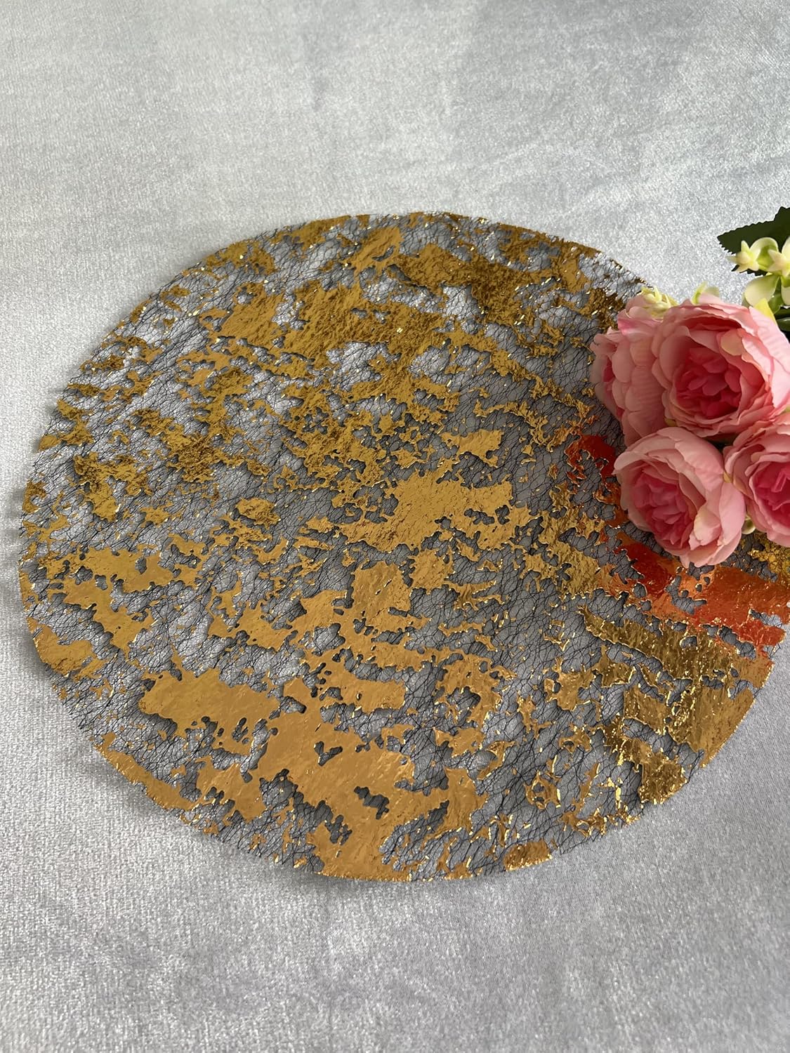 Disposable Black and Gold Placemats Set of 50 Metallic Thin Round 13 Inch Gold Doilies Table Chargers Glitter Foil Mesh Pressed Fall Table Mates 50 Pack for Wedding Birthday Party