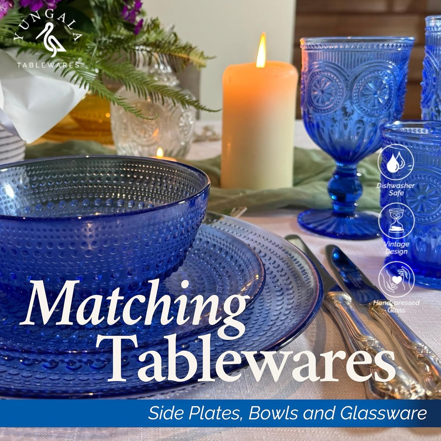 Yungala Cobalt Blue Vintage Hobnail Glass Plates – Set of 4 Authentic Pressed Glass Dinner Plates, Durable and Elegant Design that is dishwasher safe.