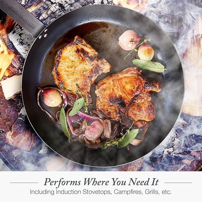 Merten & Storck Pre-Seasoned Carbon Steel 8” Frying Pan Skillet, Use on Induction, Stove and Grill, Durable, Even-Heating, for Searing, Grilling, Oven Use, and Campfire, Indoor/Outdoor