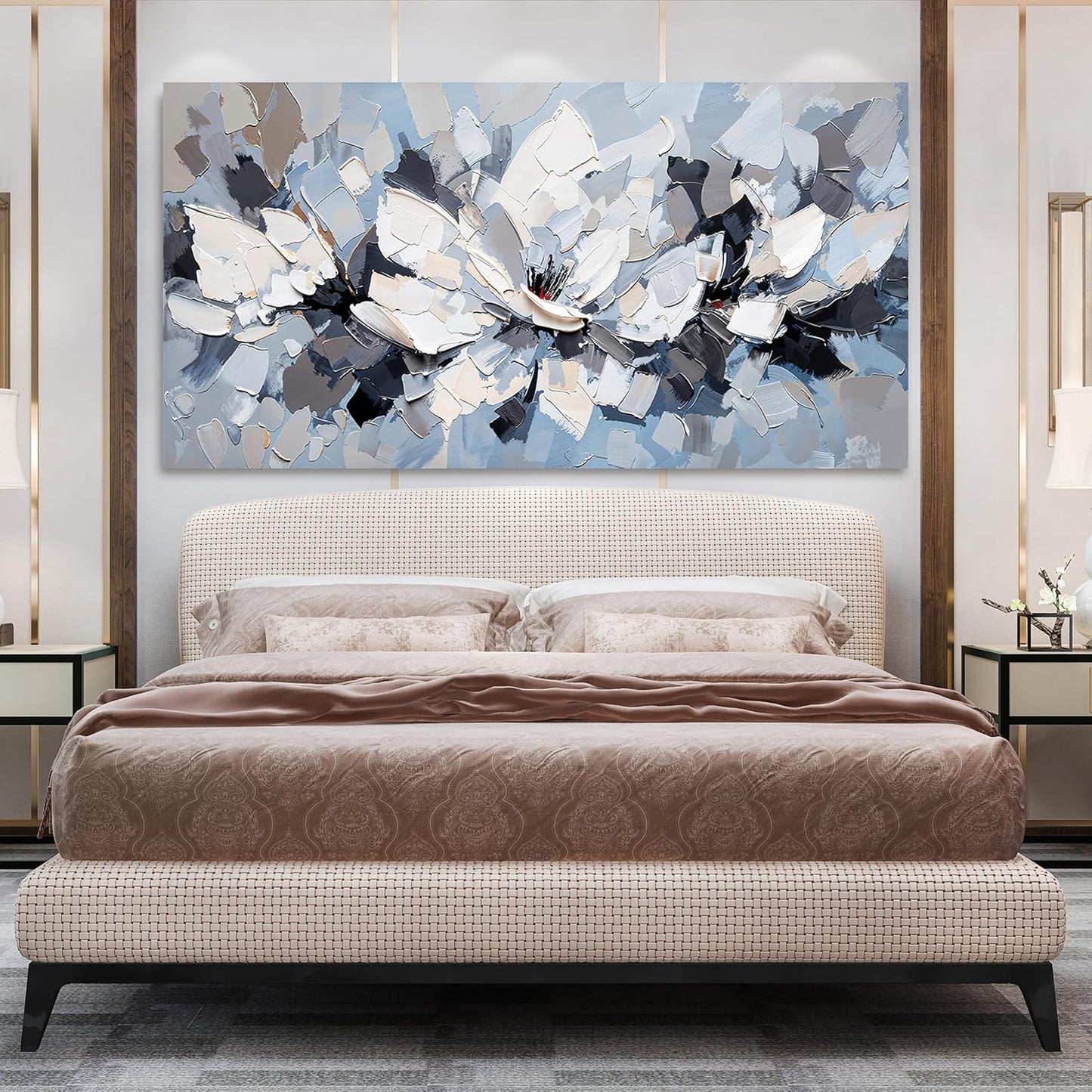 Abstract Canvas Wall Art Decor Large White Wall Art for Living Room Abstract Canvas Art Wall Decor Flower Pictures Oversized Blue Wall Art Prints Artwork for Walls Bedroom Office Decor 29" X58"