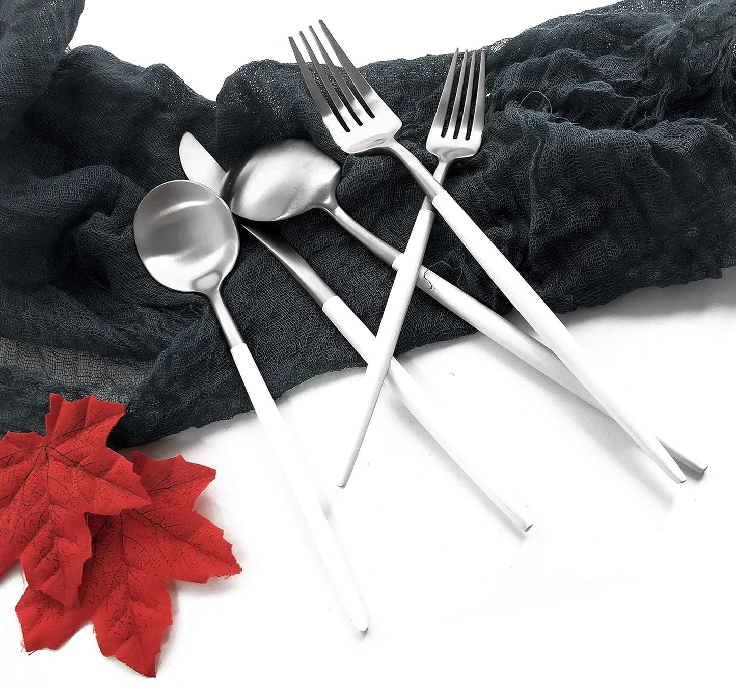 Matte Silverware Set, 10-Piece 18/10 Stainless Steel Satin Finish Flatware Set Service for 2, Kitchen Utensil Set, Tableware Cutlery Set for Home Restaurant (White Handle Silver, 10-Piece)