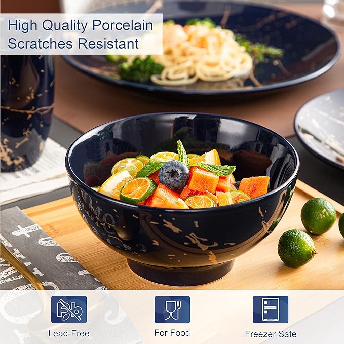 LOVECASA Porcelain Dinnerware Sets for 4, 16 PCS Plates and Bowls Set, Color Glaze with Gold Plate Dish Set, Dinner Sets with Dinner Plates, Dessert Plate, Bowls and Mugs, Dark Blue