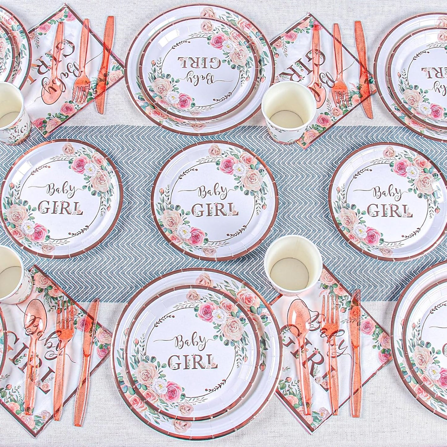 Floral Girl Baby Shower Tableware Set – Rose Gold Party Supplies with Plates, Cups, Napkins & Utensils – Serves 24 Guests, Perfect for Little Princess Party