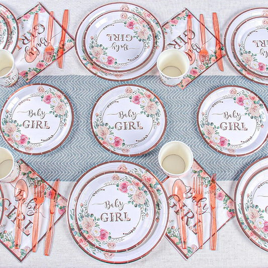Floral Girl Baby Shower Tableware Set – Rose Gold Party Supplies with Plates, Cups, Napkins & Utensils – Serves 24 Guests, Perfect for Little Princess Party