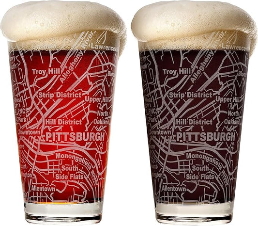 Greenline Goods Beer Glasses - 16 oz Drinkware Set for Pittsburgh lovers - Set of 2 - Etched with Pittsburgh, PA Map - Premium Decorative Glassware