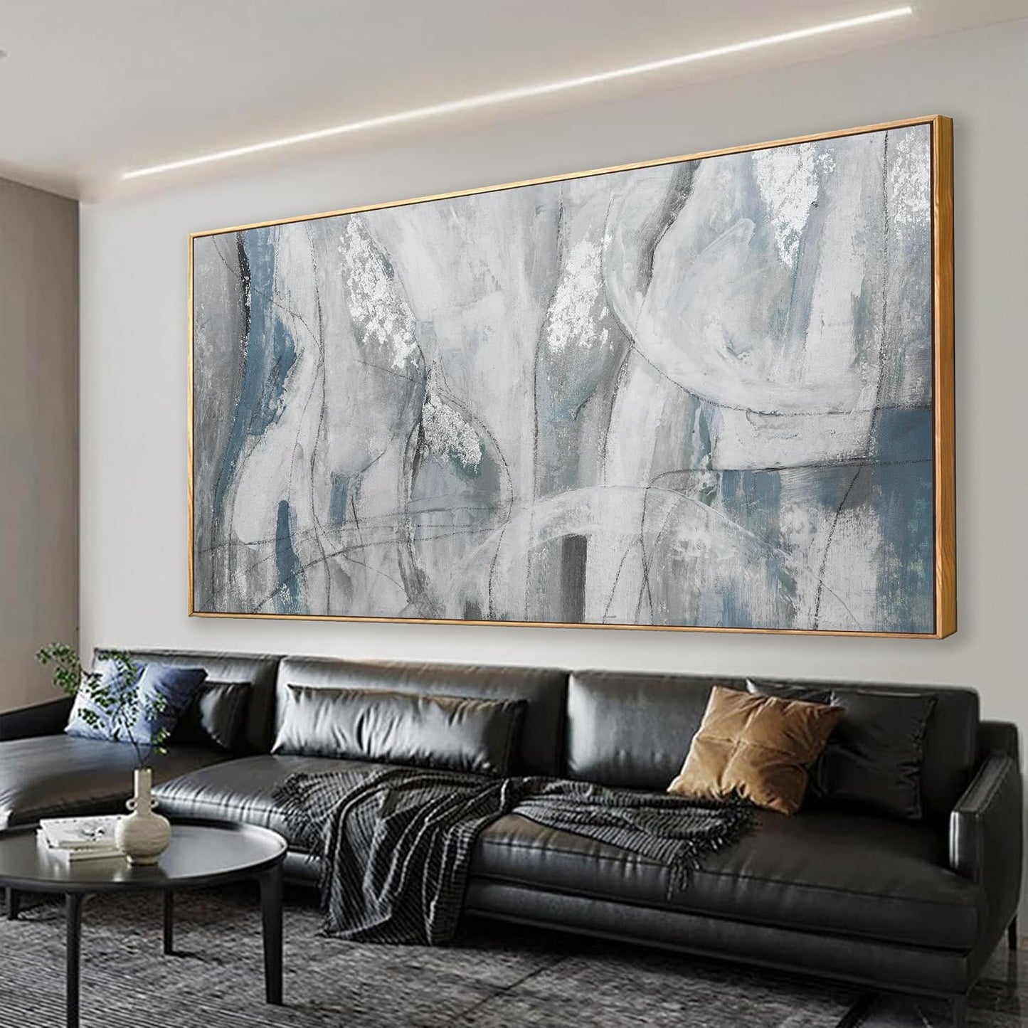 Large Abstract Wall Art For Living Room Hanging Decor Grunge Room Home Wall Decor Silver Blue Canvas Art Wall 29" X 58" With Framed Painting White Wall Art For Bedroom Home Office