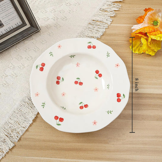 Koythin Ceramic Straw Hat Ramen Bowl Set, Pasta Bowls, Salad Serving Bowl for Noodle, Dinner, Salad, Microwave Dishwasher Safe (Cherry)