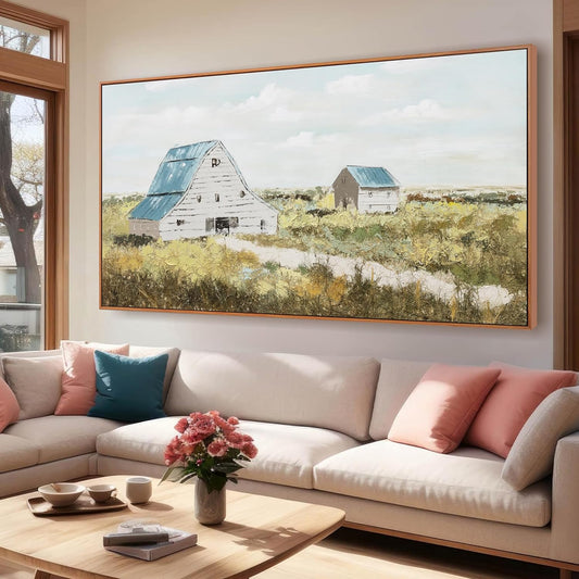 Green and White Canvas Wall Art Decor Home Decor Art Prints Natural Landscape Modern Framed Wall Decorations Artwork Field Cabin for Living Room Wall Bedroom Office Decor 24"×48"