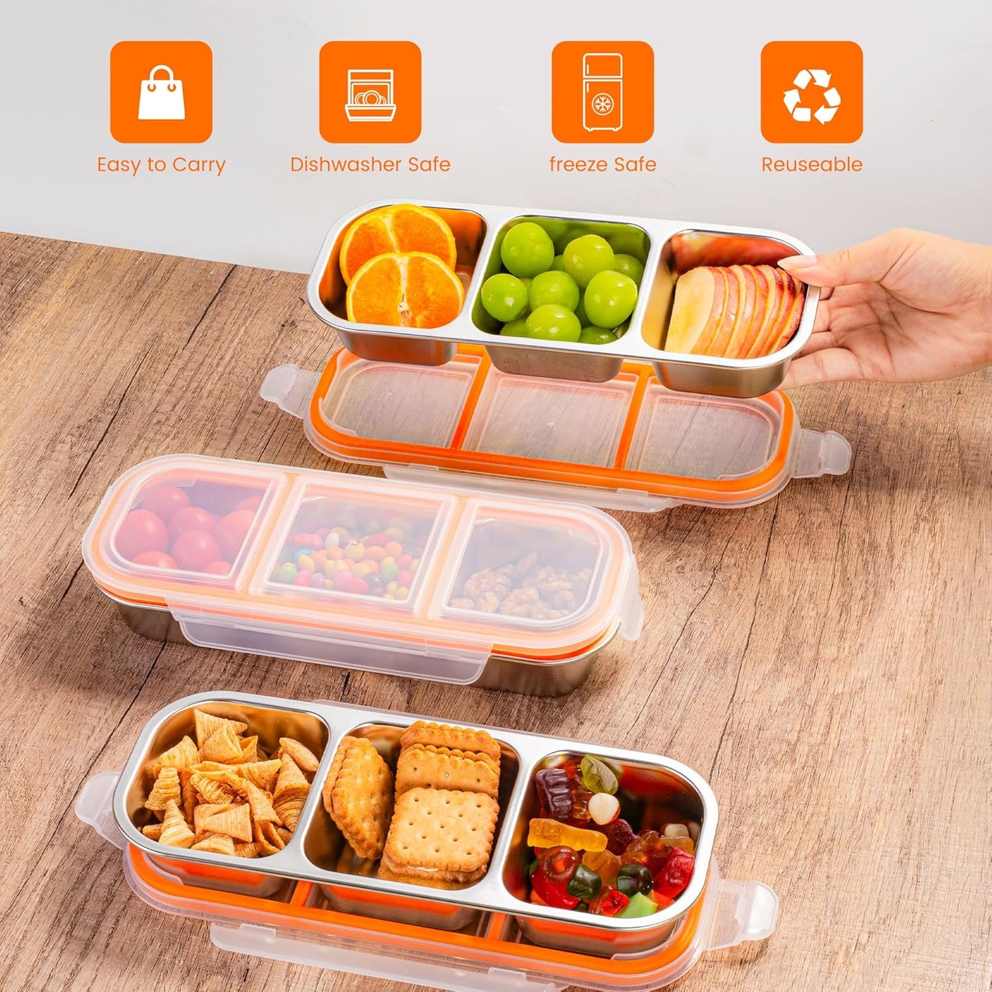 Bandesun Stainless Steel Snack Containers for Kids, Leak Proof 3 Compartment Food Storage Containers with Lids, Reusable Stackable Lunch Box for Travel, Home, Travel 3Pack