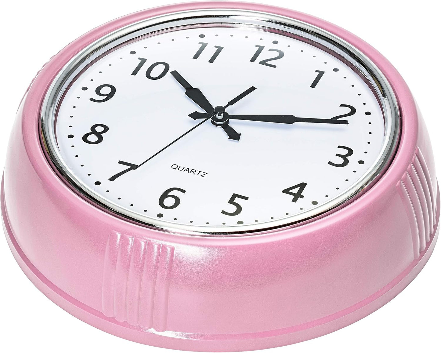 Bernhard Products Retro Wall Clock 9.5 Inch Pink Kitchen 50's Vintage Design Round Silent Non Ticking Battery Operated Quality Quartz for Home Office Baby Nursery Girls Room Classroom, Easy to Read