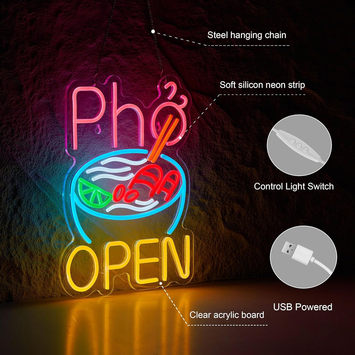 Vietnamese Pho Open Neon Sign Dimmable USB Powered LED Ramen Bowl Open Signs for Restaurant Business Food Truck Kitchen Wall Decor Light
