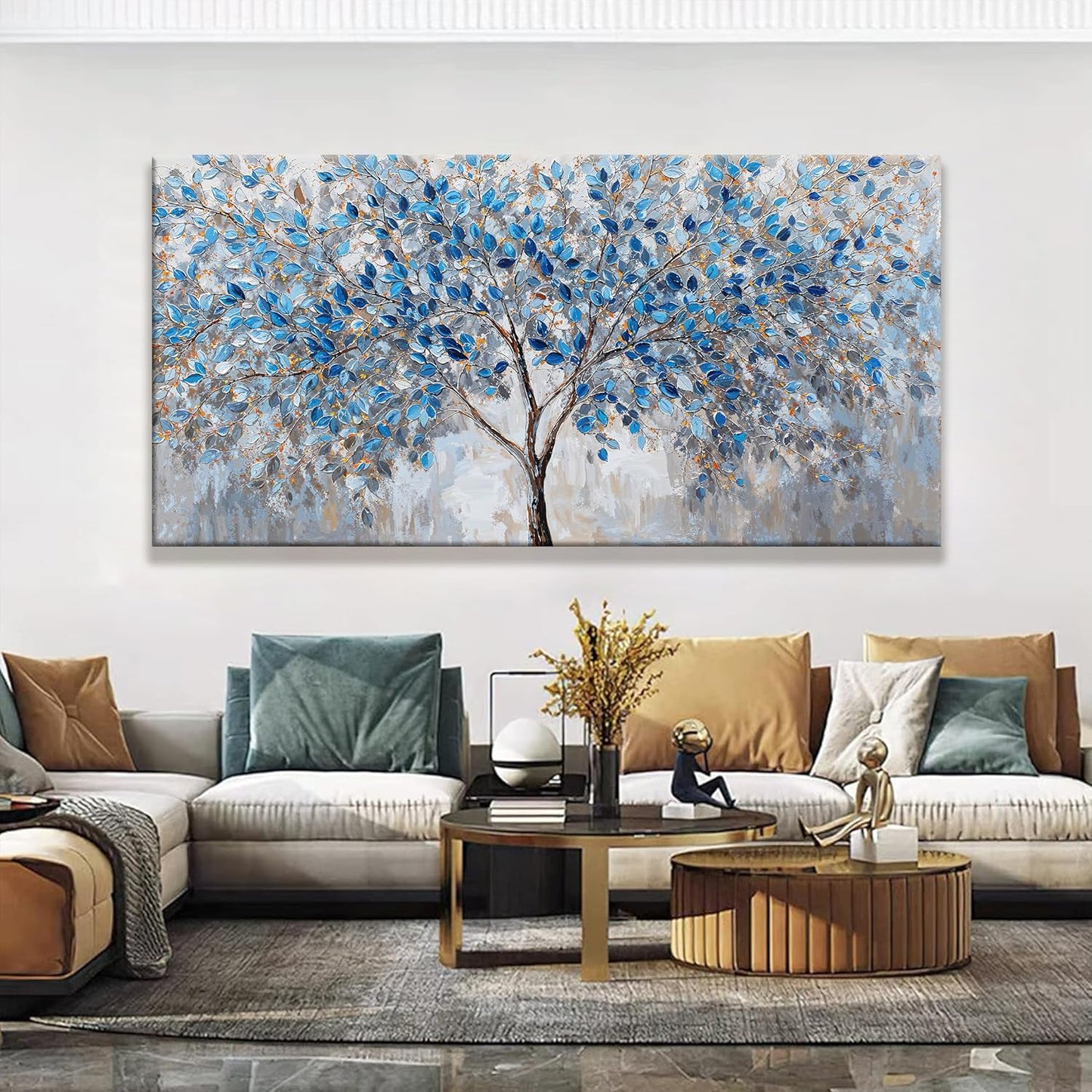 Large Wall Art For Living Room Blue White Tree Leaves Artwork Decor Modern Wall Art For Office Bedroom Kitchen Canvas Prints Decor Ready To Hang 29x58 Inch