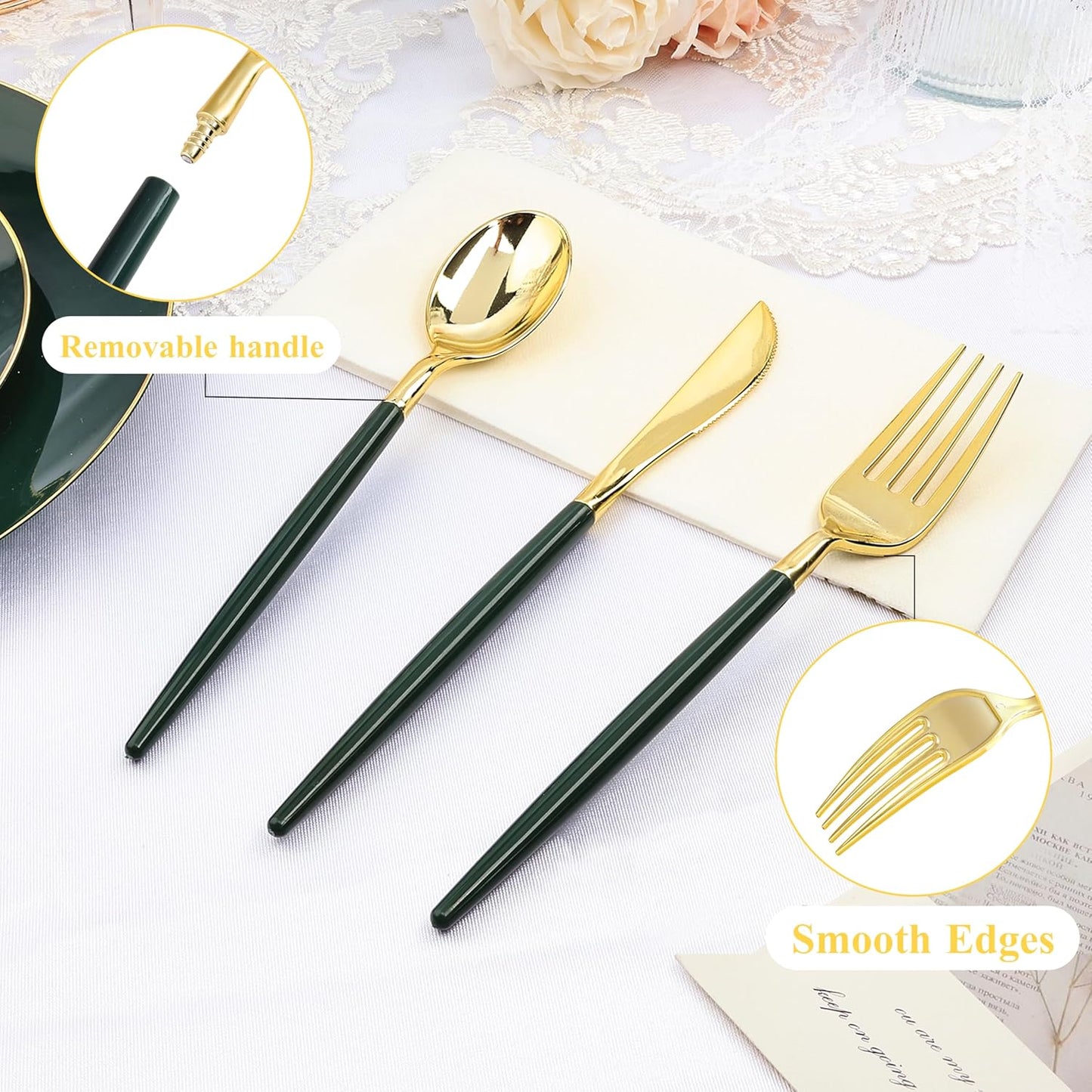 150 PCS Green Gold Plastic Utensils for 50 Guests, Gold Disposable Silverware with 50 Knives, 50 Spoons and 50 Forks, BPA Free, Ideal for Weddings, Birthdays & Graduation