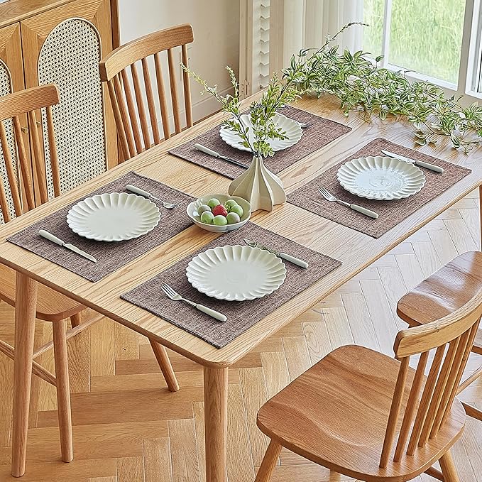 Softalker Faux Linen Placemats Set of 4-12 x 18 Inch, Heat Resistant Double Layered Durable Burlap Farmhouse Place Mats, Non-Slip Washable Rustic Table Mats for Dining, Kitchen, Party,Natural Linen